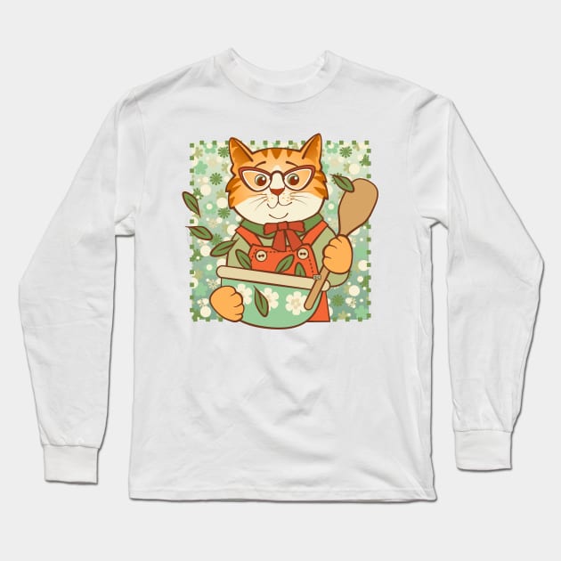 Ginger Cat Cooking Long Sleeve T-Shirt by Sue Cervenka